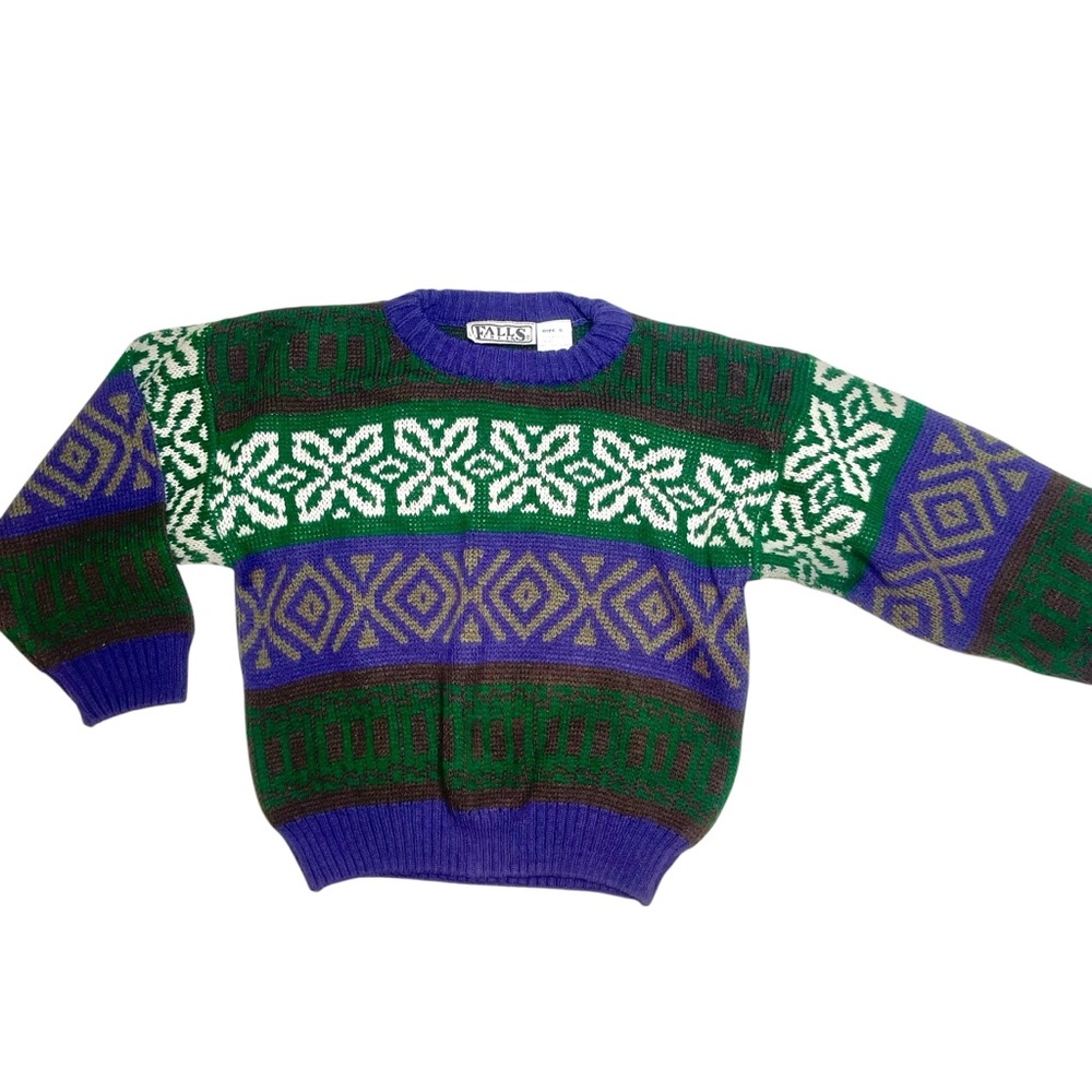 Vintage Scandinavian Kids Toddler Green Purple Pattern Pattern Knit Sweater